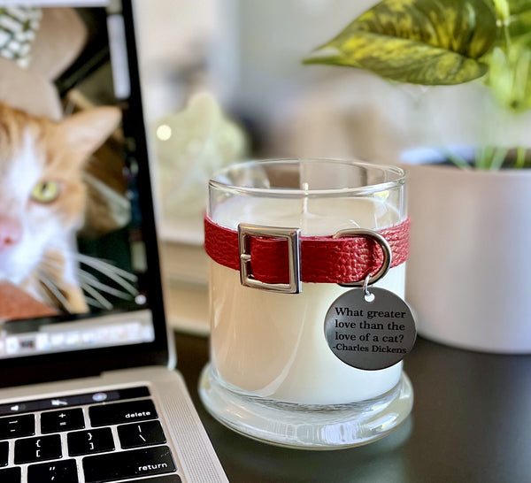 custom candle with faux leather collar and personalized stainless steel tag. all natural soy wax in a recyclable glass jar.